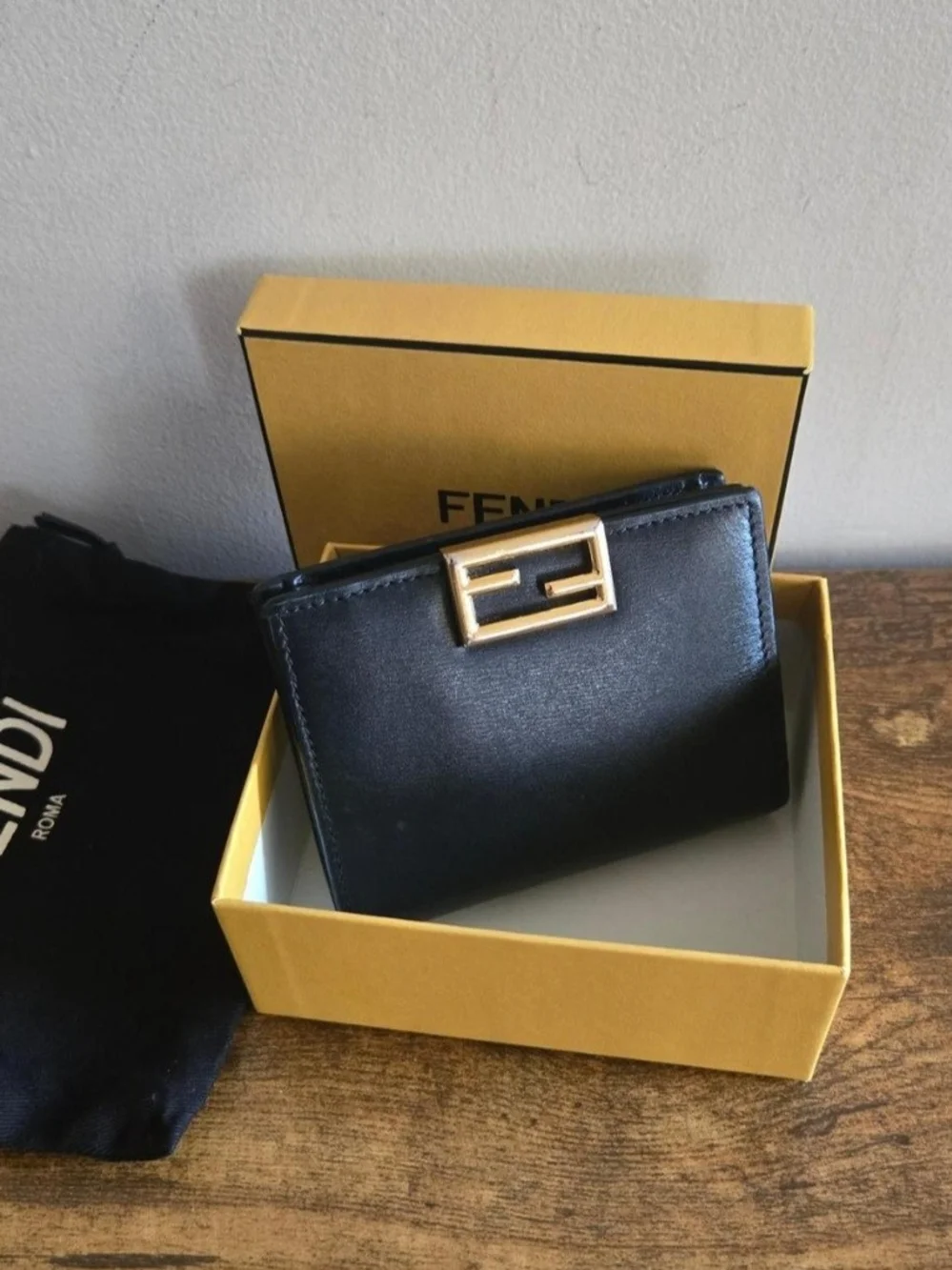 Fendi Black Leather Compact Wallet with Gold FF Buckle